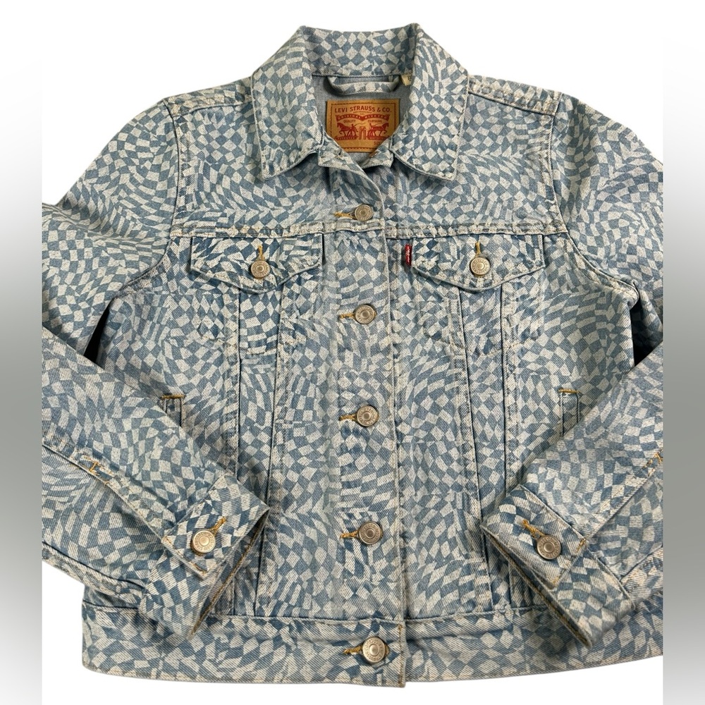 LEVI’S ‎ Denim Trucker Jacket Blue Geometric Print Women’s Small Cropped